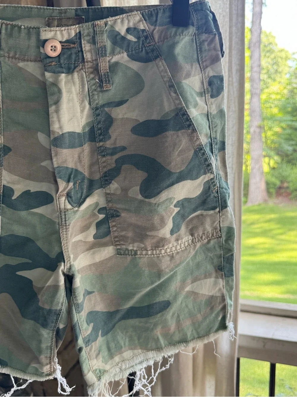 MOTHER Camouflaged High-Rise Frayed Hem Shorts in Green & Tan - Picture 8 of 16